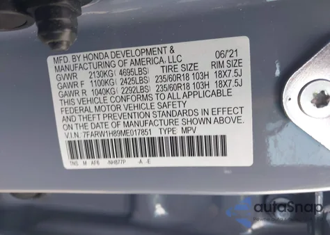 2021 Honda Cr-V 2Wd Ex-L from USA, damaged, VIN 7FARW1H89ME017851